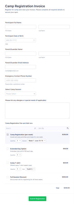 Camp Registration Invoice Form Template