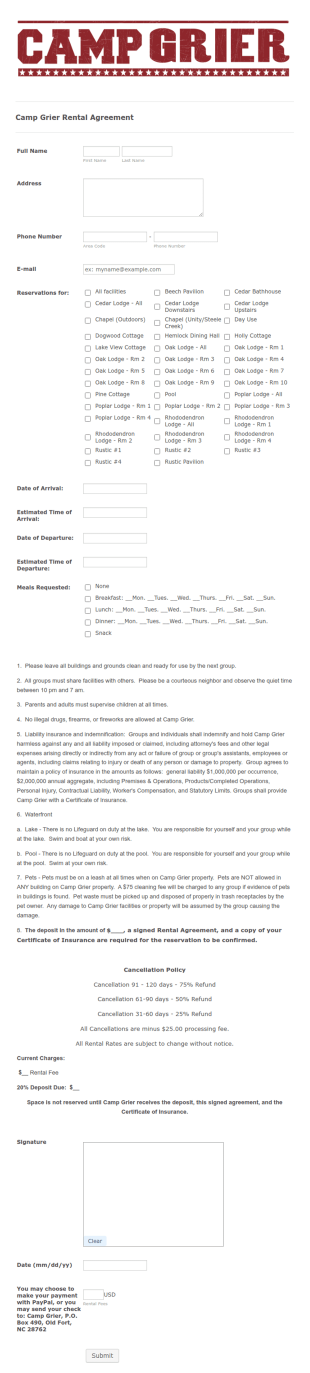 Camp Rental Agreement Form Template