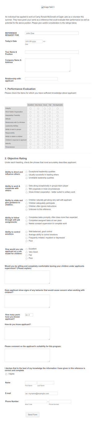 Camp Ronald McDonald Reference Request Form Template