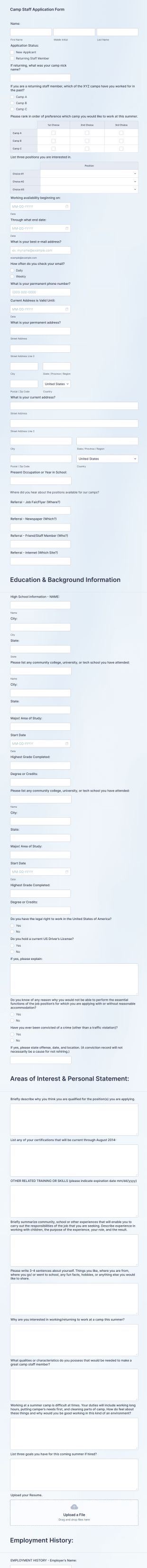 Camp Staff Application Form Template