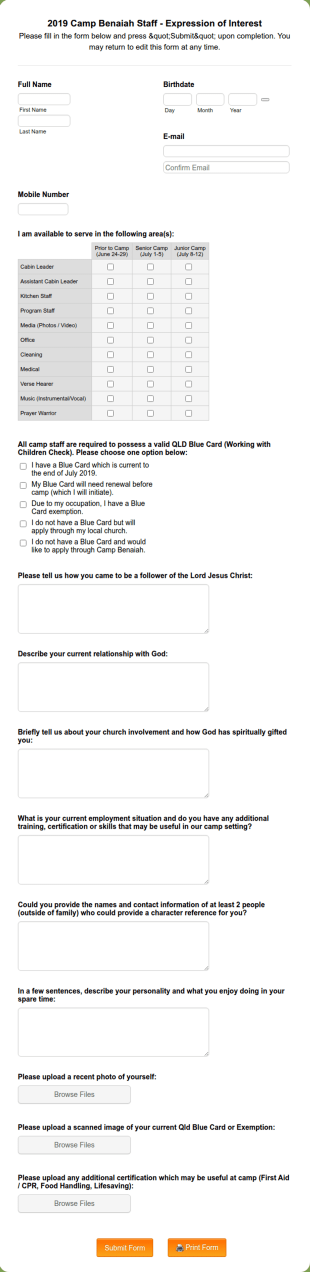 Camp Staff Expression Of Interest Form Template