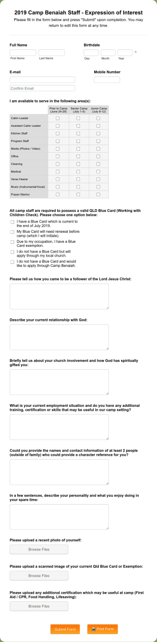 Camp Staff Expression Of Interest Form Template