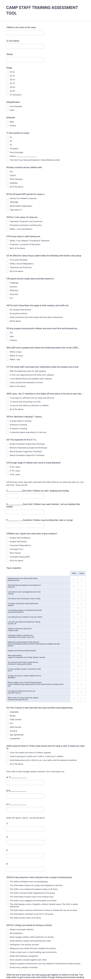 Summer Camp Staff Training Assessment Form Template