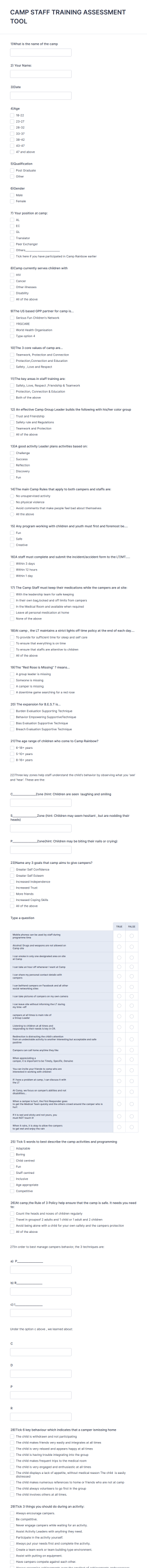 Summer Camp Staff Training Assessment Tool Form Template
