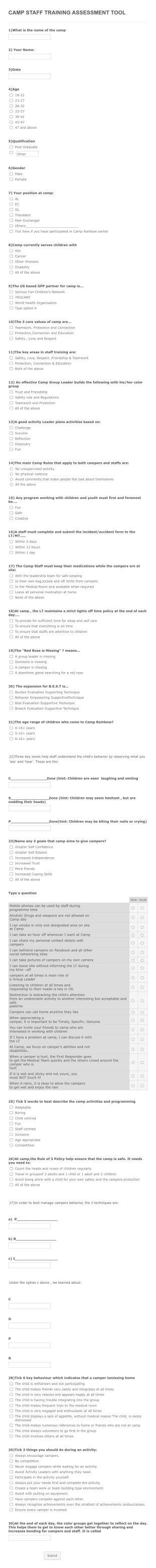 Summer Camp Staff Training Assessment Tool Form Template