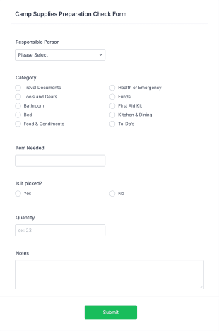Camp Supplies Preparation Check Form Template