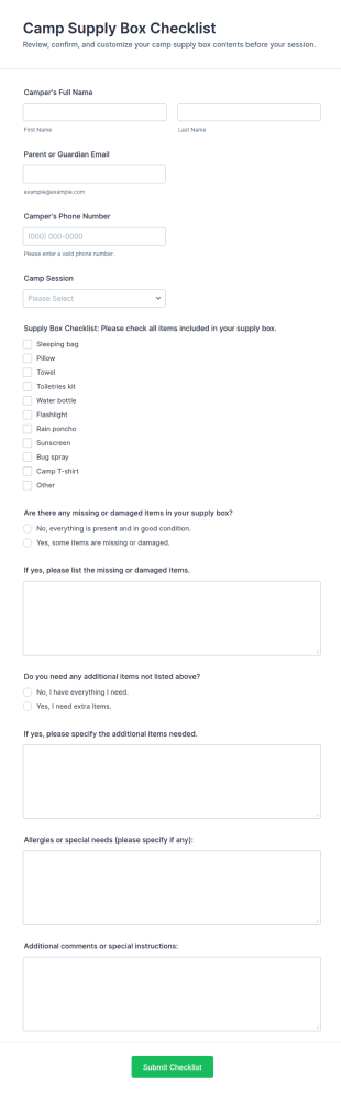 Camp Supply Box Checklist Form Template