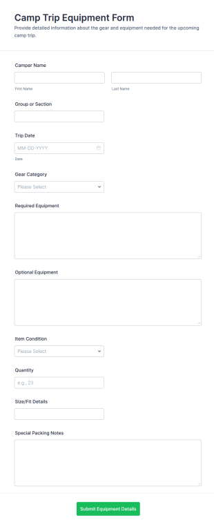 Camp Trip Equipment Form Template