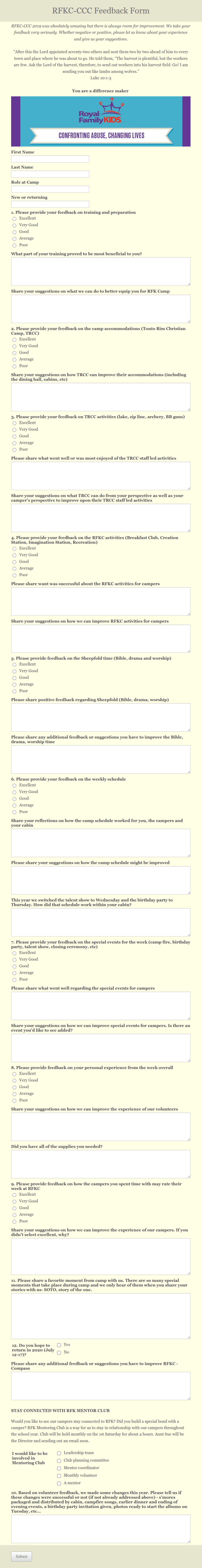 Camp Volunteer Feedback Form Template | Jotform