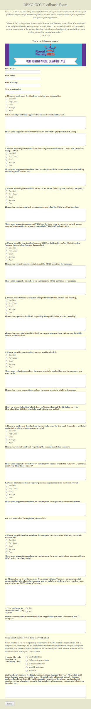Camp Volunteer Feedback Form Template
