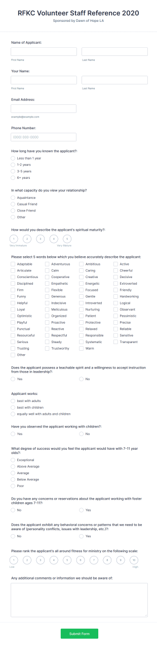 Camp Volunteer Staff Reference Form Template
