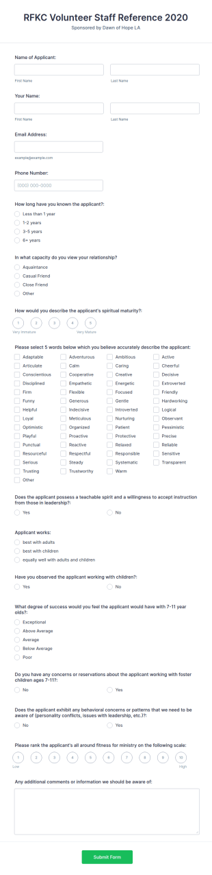 Camp Volunteer Staff Reference Form Template