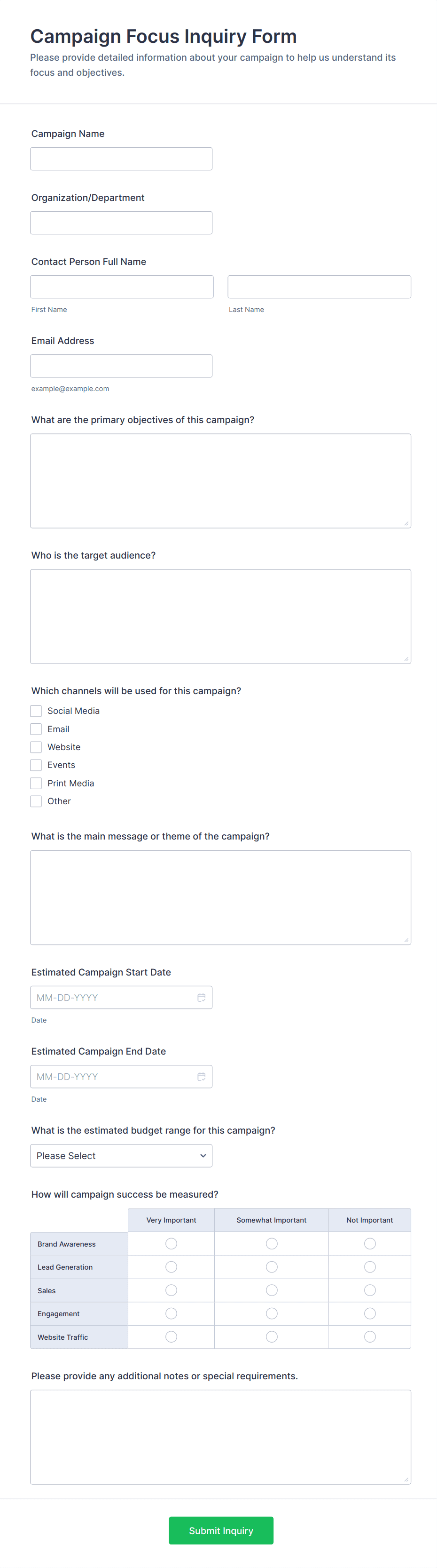 Campaign Focus Inquiry Form Template | Jotform