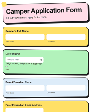Camper Application Form Template