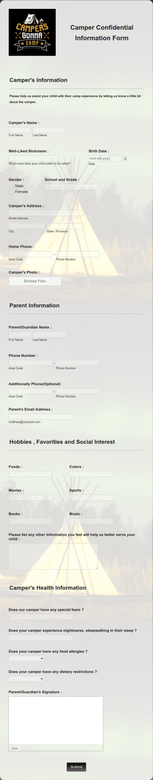 Camper Confidential Information Form Template