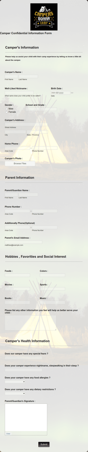Camper Confidential Information Form Template