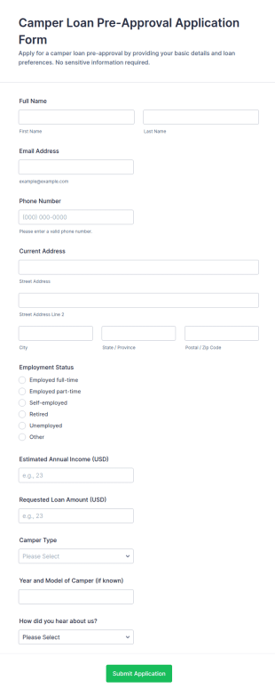 Camper Loan Pre Approval Application Form Template