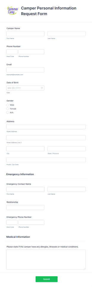 Camper Personal Information Request Form Template