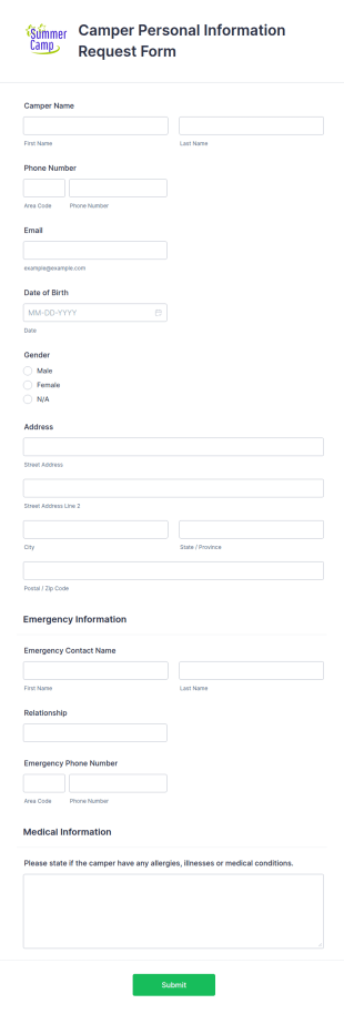 Camper Personal Information Request Form Template