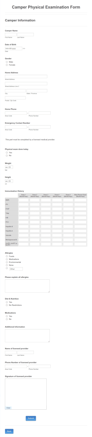 Camper Physical Examination Form Template