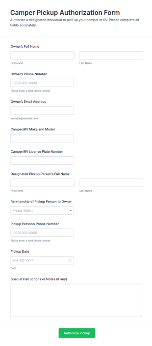 Camper Pickup Authorization Form Template