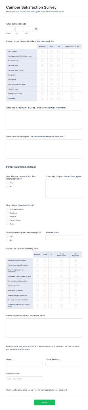 Camper Satisfaction Survey Form Template
