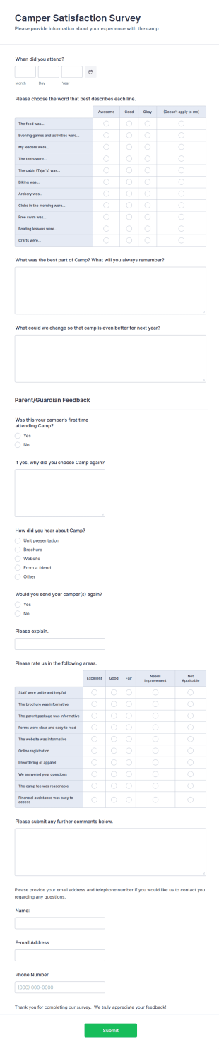 Camper Satisfaction Survey Form Template