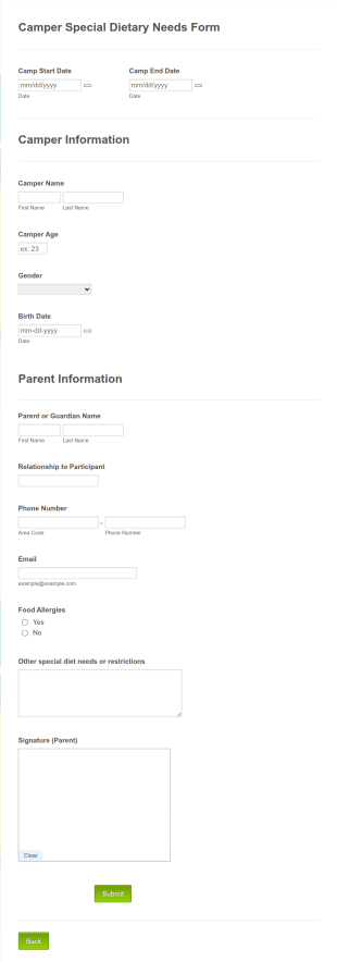 Camper Special Dietary Needs Form Template