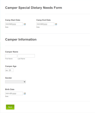 Camper Special Dietary Needs Form Template