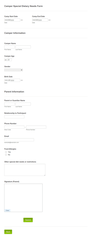 Camper Special Dietary Needs Form Template