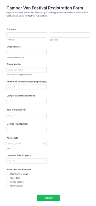 Camper Van Festival Registration Form Template