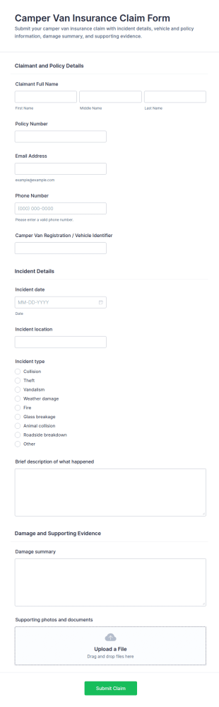 Camper Van Insurance Claim Form Template