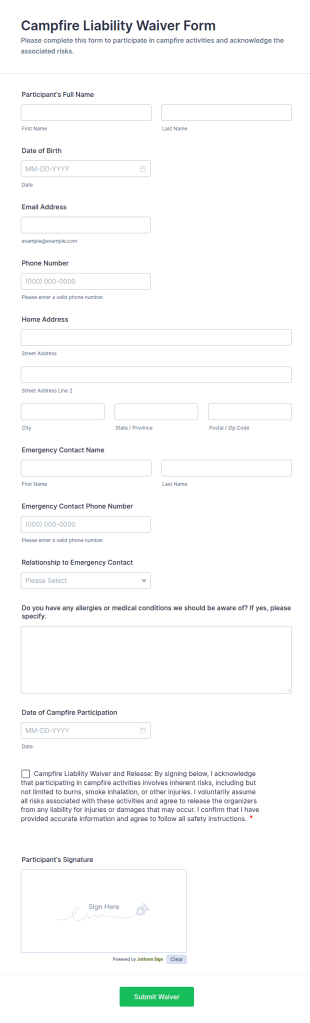 Campfire Liability Waiver Form Template