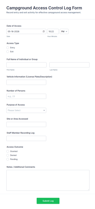 Campground Access Control Log Form Template