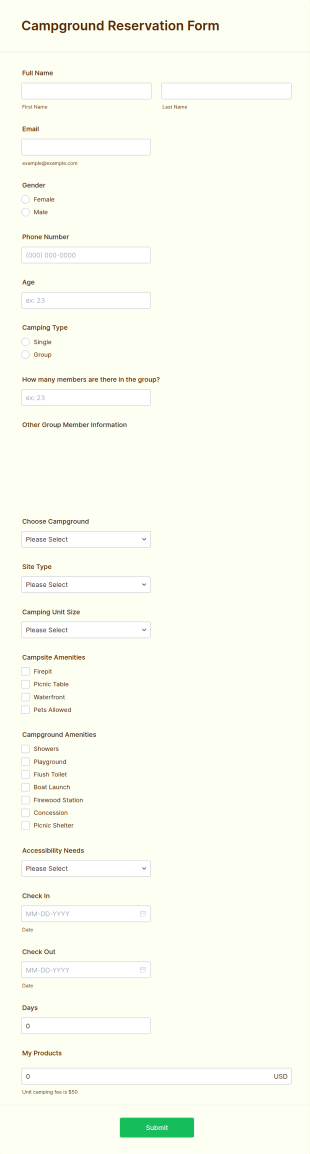Campground Reservation Form Template