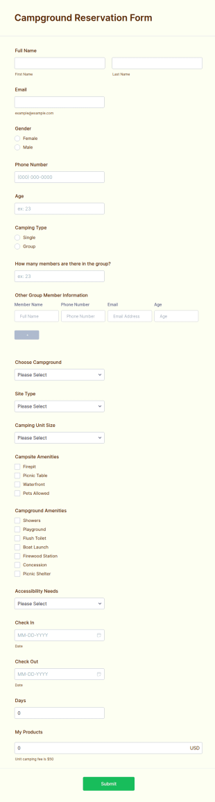 Campground Reservation Form Template