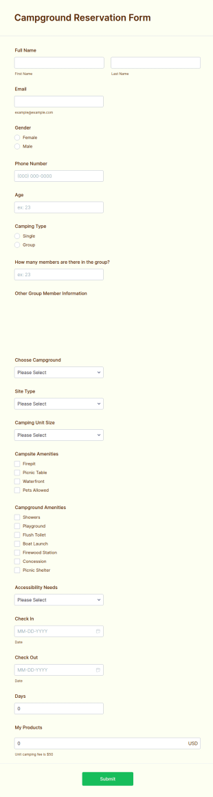 Campground Reservation Form Template