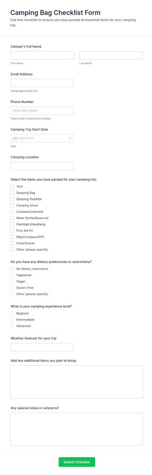 Camping Bag Checklist Form Template