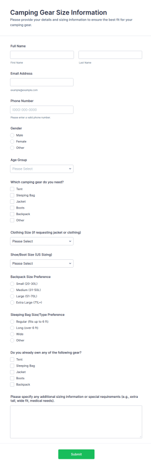 Camping Gear Size Information Form Template