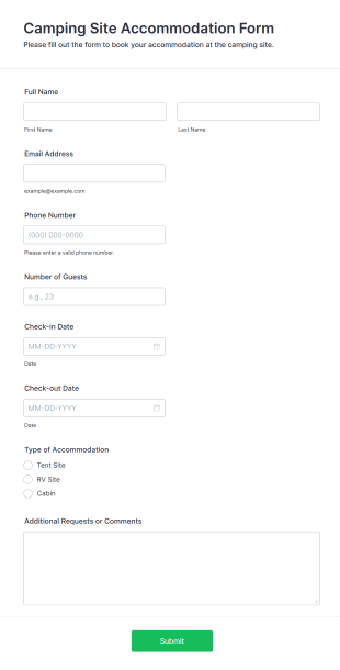 Camping Site Accommodation Form Form Template