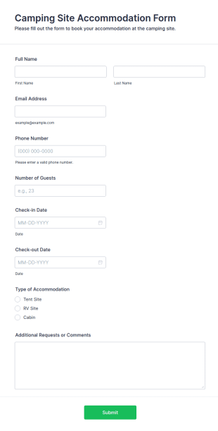 Camping Site Accommodation Form Template