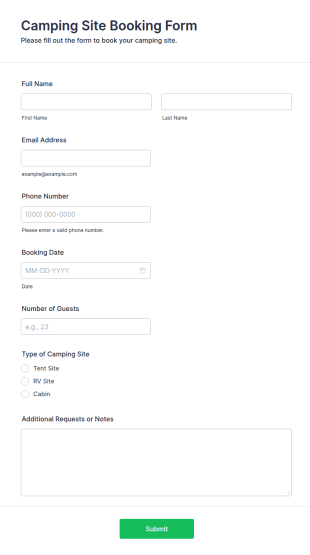 Camping Site Booking Form Template