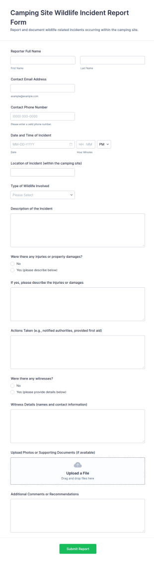 Camping Site Wildlife Incident Report Form Template