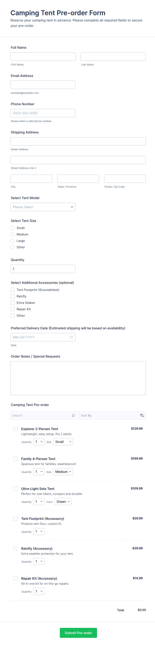 Camping Tent Pre Order Form Template