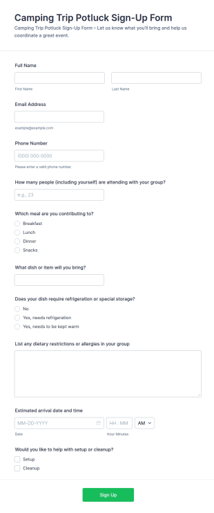 Camping Trip Potluck Sign Up Form Template