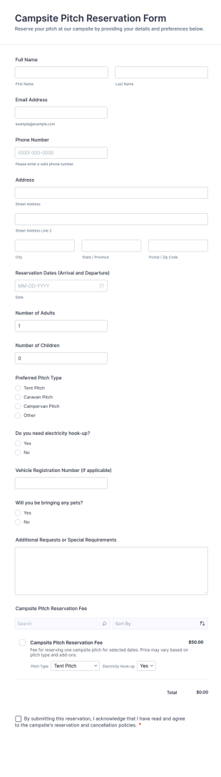 Campsite Pitch Reservation Form Template