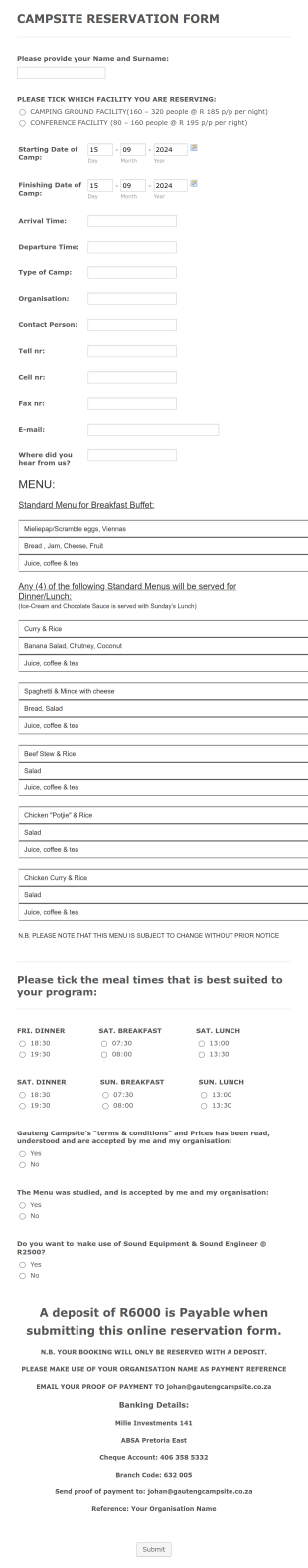 Campsite Reservation Form Template