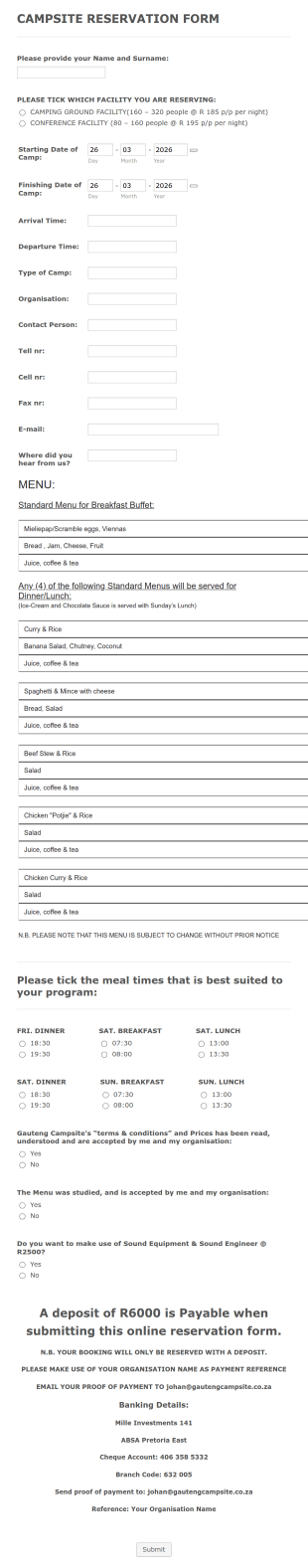 Campsite Reservation Form Template