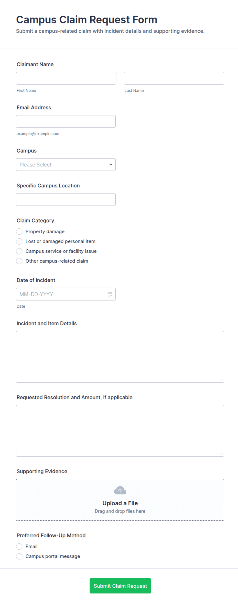 Campus Claim Request Form Template | Jotform