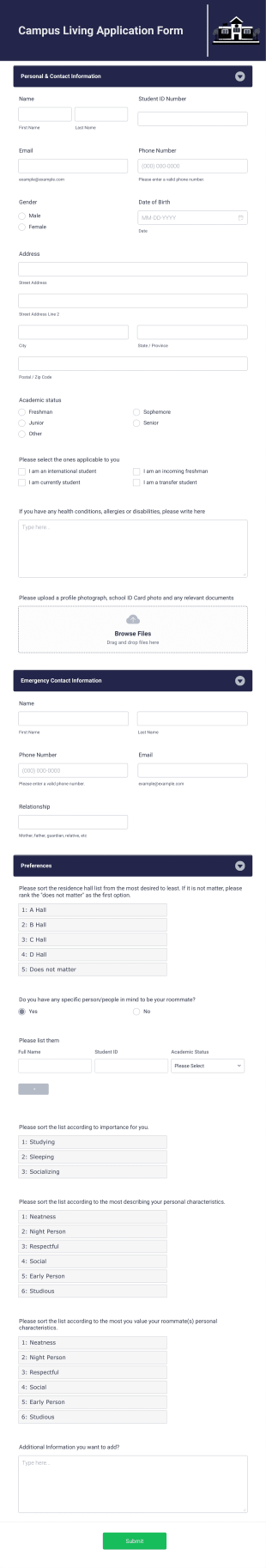 Campus Living Application Form Template
